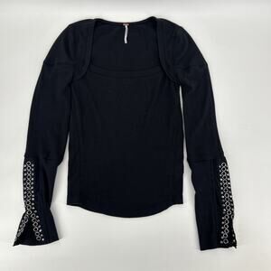 Free People A Little Unruly Waffle Top Womens Size SP Black Grommets Square Neck